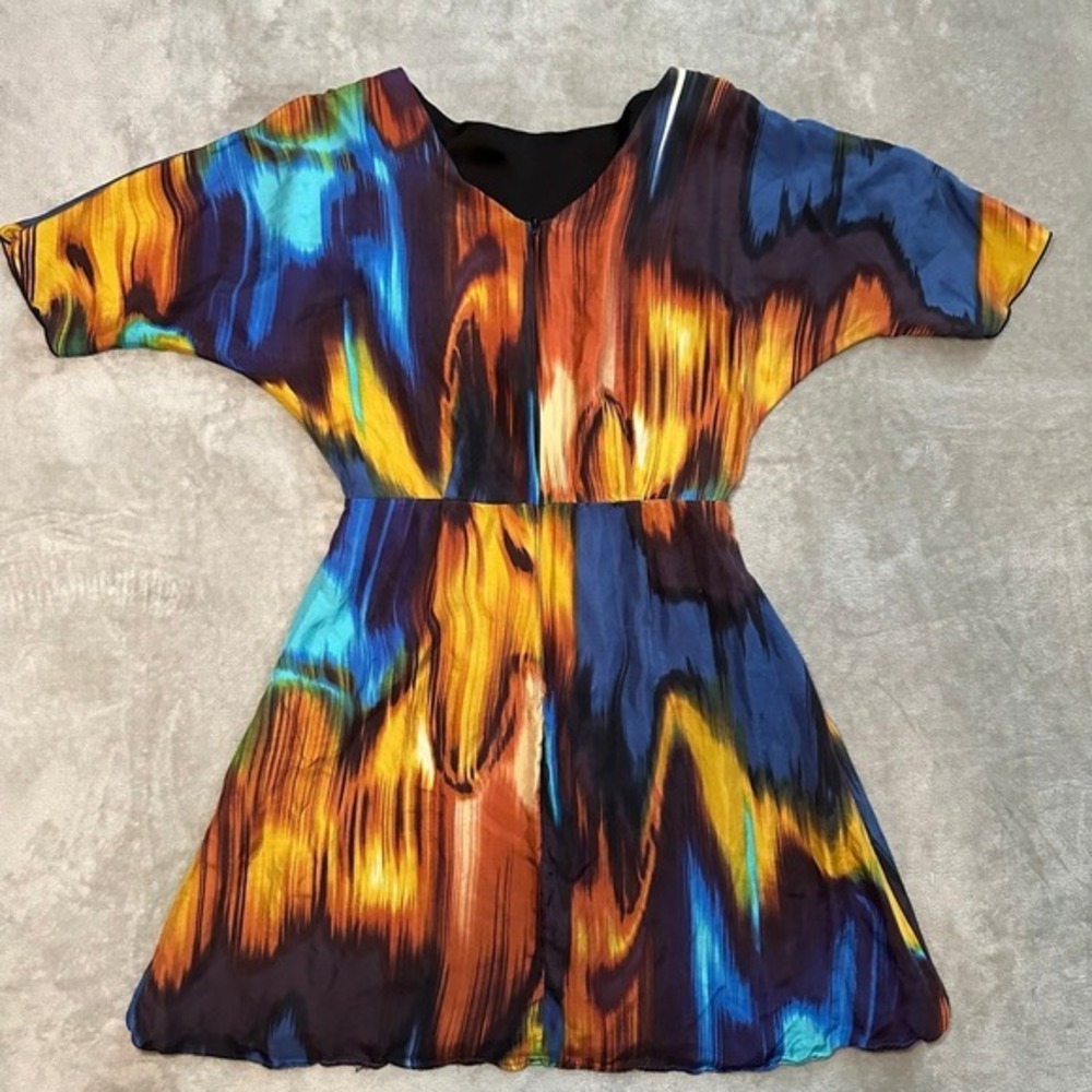 Vtg Abstract Print Mini Dress Women Size M 100% Silk Multicolor Art To Wear Boho - Picture 4 of 12